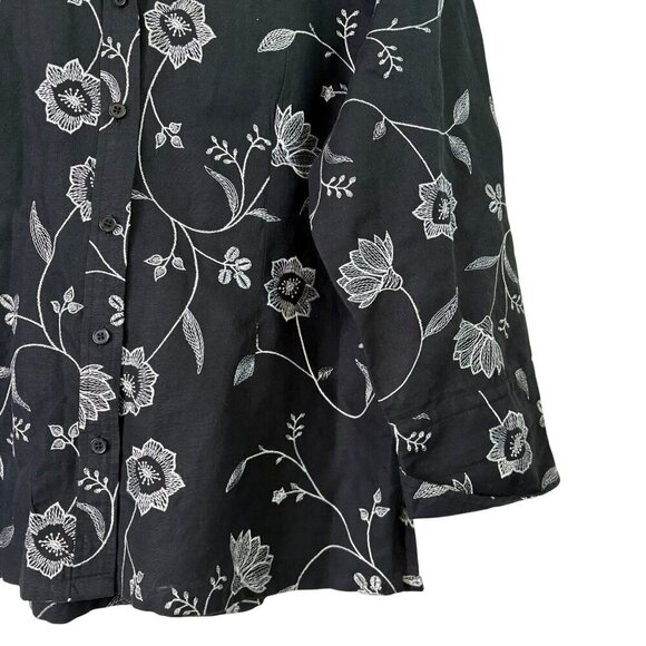 Talbots Women's Irish Linen Black Blouse Floral Embroidery 3/4 Sleeve Size Large - Picture 3 of 12